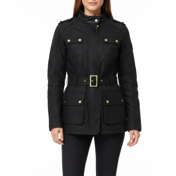 Authentic Barbour Belted Waxed Jacket - Black - Leather Trim Sz US 8 UK 12 - Picture 1 of 14